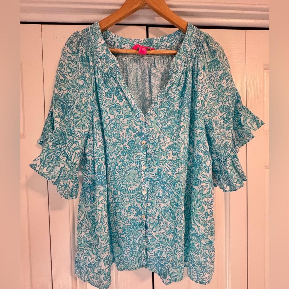Lilly Pulitzer Teal and White Blouse